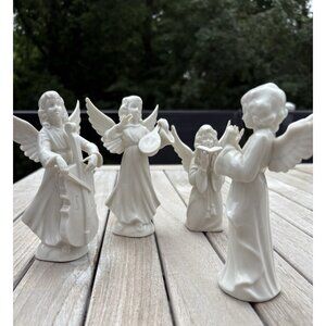 4 Vintage Dresden Germany Bisque Porcelain Angels Musicians From 1960s EUC